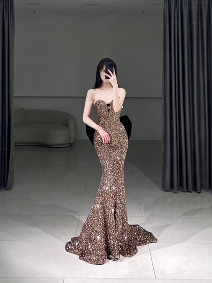 Robe de bal élégante, style sirène, décolleté en cœur, paillettes scintillantes, plissée, longueur au sol, inspiration, robe de bal longue, A096
