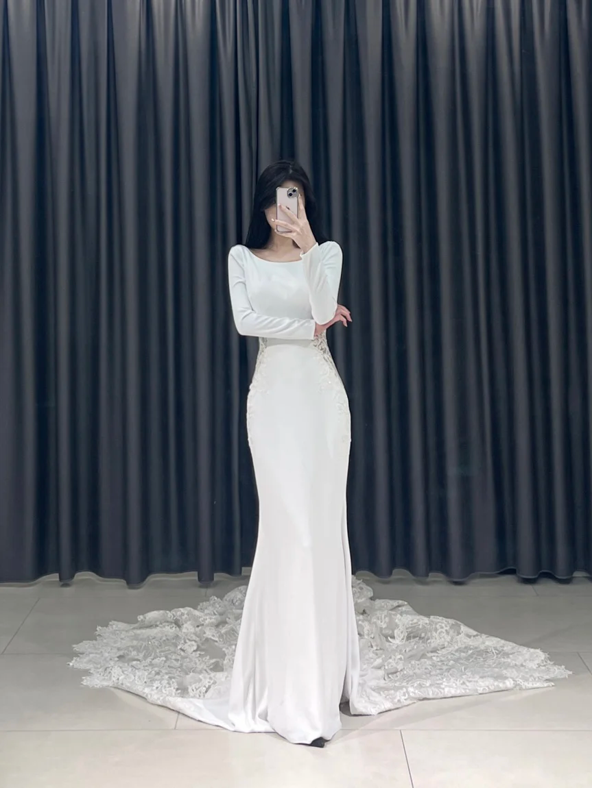Timeless Mermaid Square Neck White Lace Long Sleeves Wedding Dress Beautiful Formal Cute Wedding Dresses A099