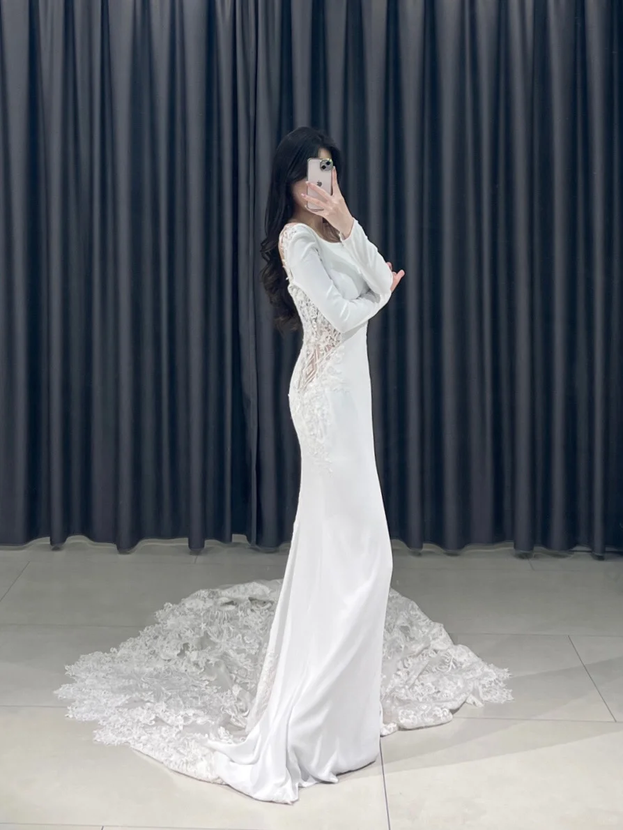 Timeless Mermaid Square Neck White Lace Long Sleeves Wedding Dress Beautiful Formal Cute Wedding Dresses A099