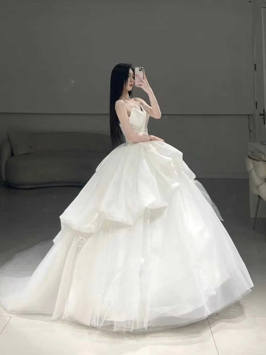 Timeless Ball Gown Sweetheart White Pleated Long Tulle Wedding Dress Beautiful Formal Cute Wedding Dresses A100