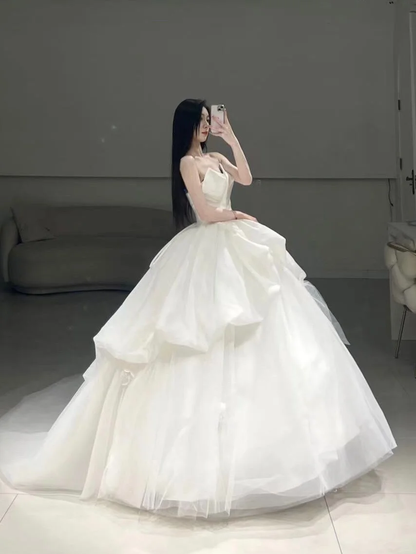Timeless Ball Gown Sweetheart White Pleated Long Tulle Wedding Dress Beautiful Formal Cute Wedding Dresses A100