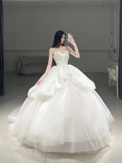 Timeless Ball Gown Sweetheart White Pleated Long Tulle Wedding Dress Beautiful Formal Cute Wedding Dresses A100