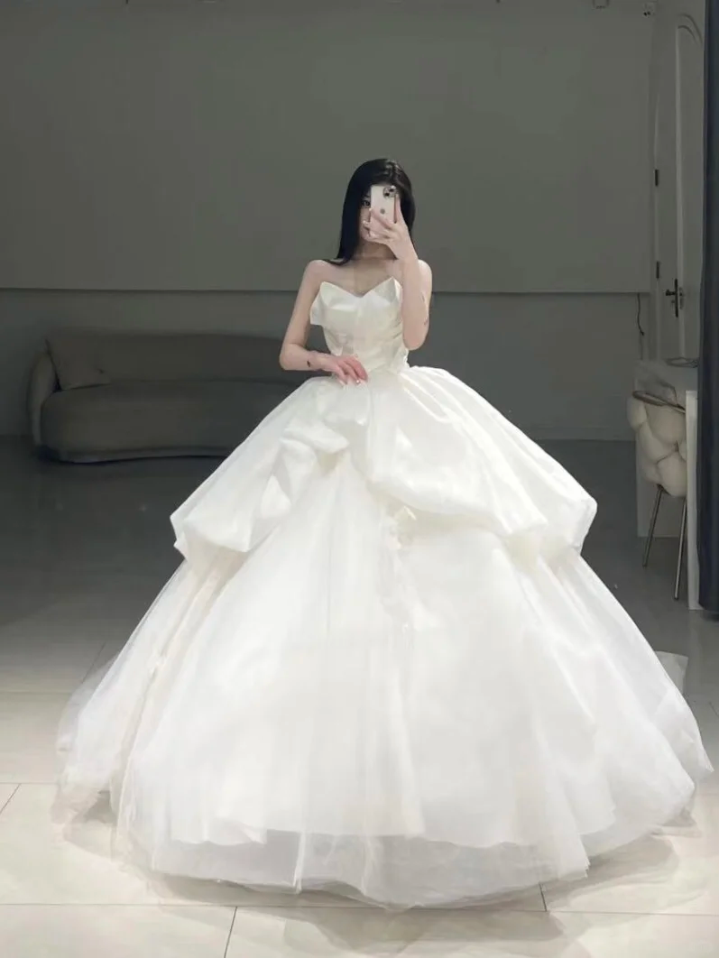 Timeless Ball Gown Sweetheart White Pleated Long Tulle Wedding Dress Beautiful Formal Cute Wedding Dresses A100