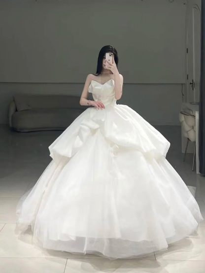Timeless Ball Gown Sweetheart White Pleated Long Tulle Wedding Dress Beautiful Formal Cute Wedding Dresses A100