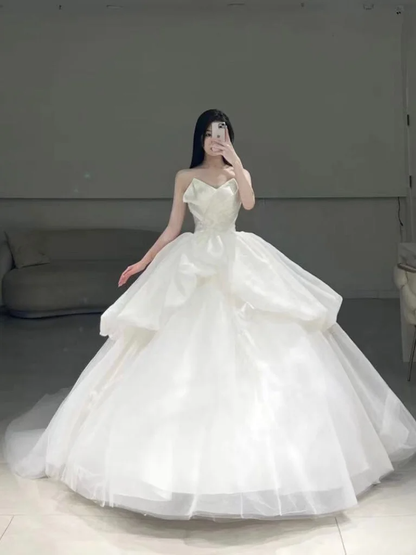 Timeless Ball Gown Sweetheart White Pleated Long Tulle Wedding Dress Beautiful Formal Cute Wedding Dresses A100