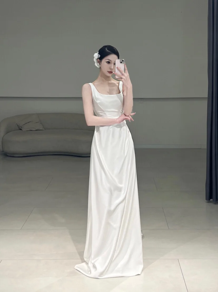 Timeless A line Square Neck White Satin Long Wedding Dress Beautiful Formal Cute Wedding Dresses A101
