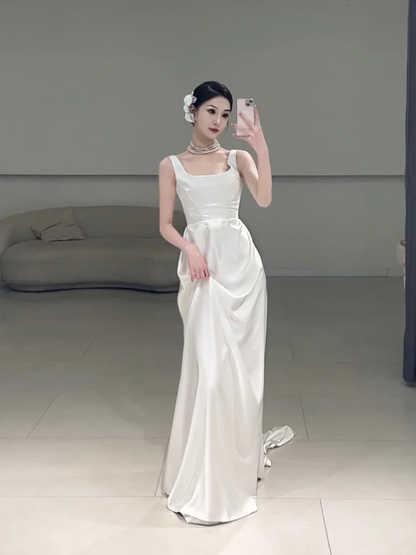 Timeless A line Square Neck White Satin Long Wedding Dress Beautiful Formal Cute Wedding Dresses A101