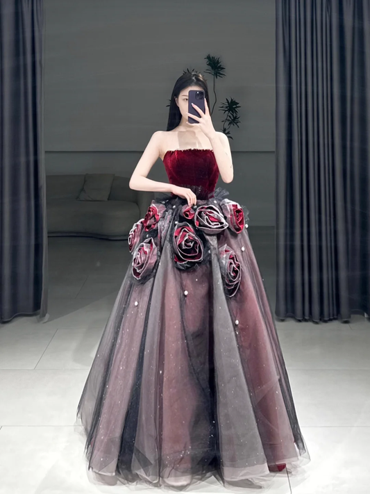 Sweet Strapless Ball Gown Floral Tulle Long Quinceanera Dress Gorgeous Quinceanera Dresses Sweet 15 16 Dress A102