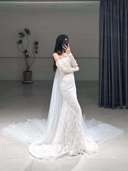 Timeless Mermaid Off The Shoulder White Lace Long Sleeves Wedding Dress Beautiful Formal Cute Wedding Dresses A103