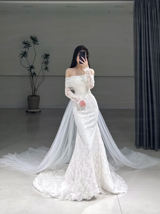 Timeless Mermaid Off The Shoulder White Lace Long Sleeves Wedding Dress Beautiful Formal Cute Wedding Dresses A103