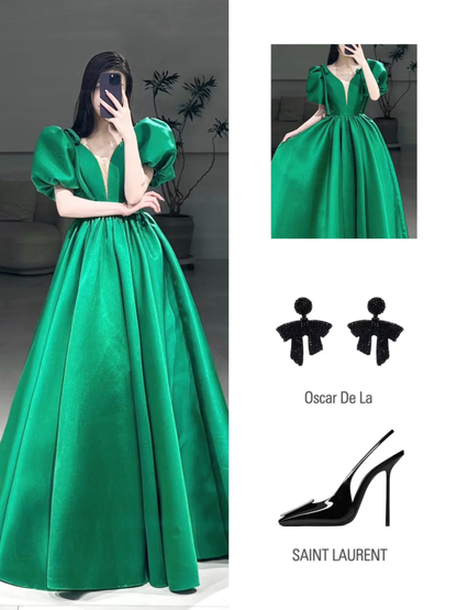Elegant Ball Gown V Neck Half Sleeves Floor Length Prom Dress Inspiration Green Long Prom Dresses A105