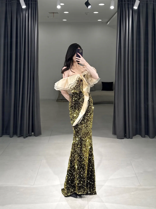 Elegant Mermaid Off The Shoulder Half Sleeves Floor Length Prom Dress Inspiration Green Sequin Long Prom Dresses A106