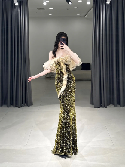 Robe de bal élégante sirène à épaules dénudées et manches mi-longues, longueur au sol, inspiration robe de bal longue à paillettes vertes A106