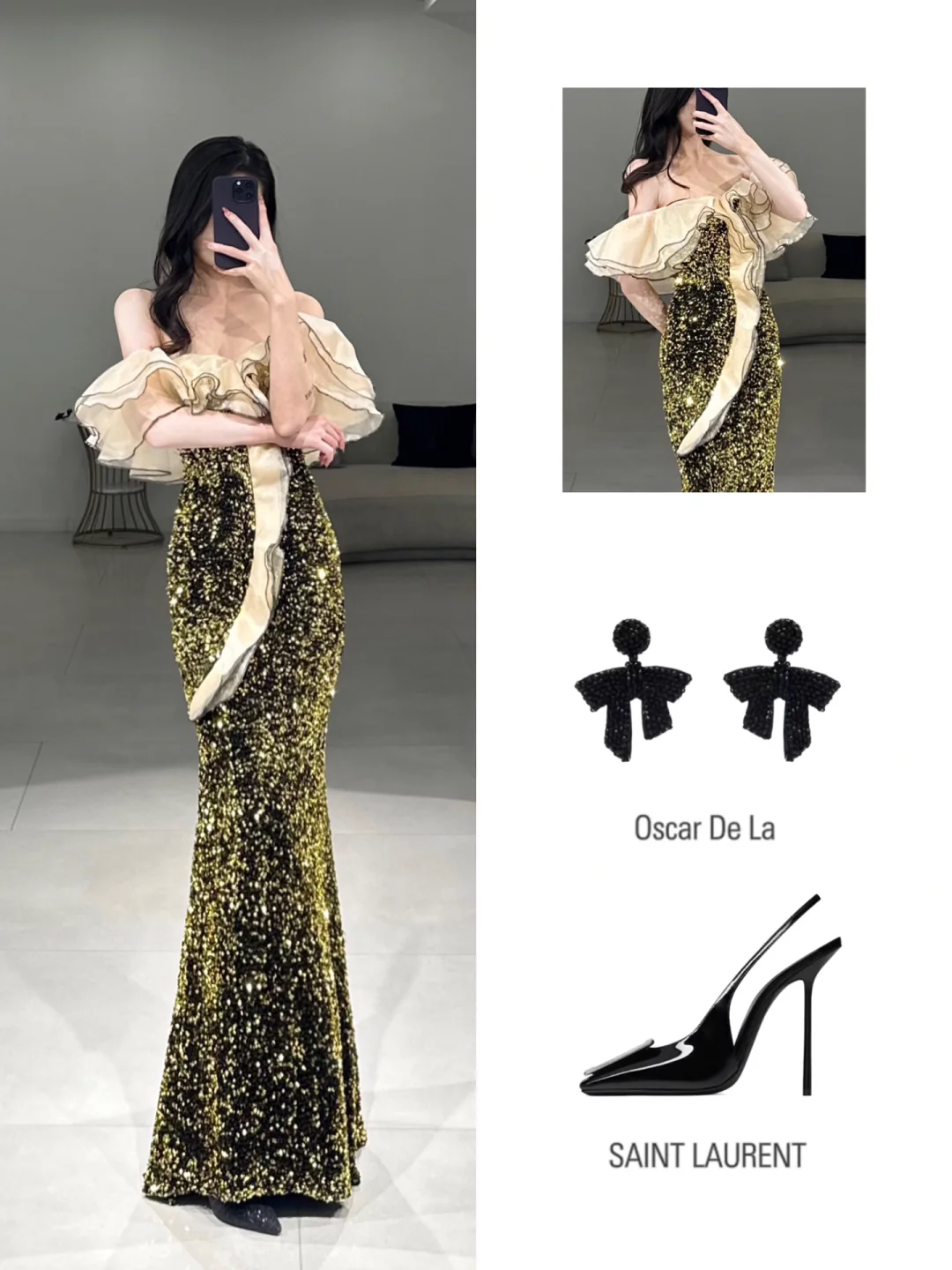Robe de bal élégante sirène à épaules dénudées et manches mi-longues, longueur au sol, inspiration robe de bal longue à paillettes vertes A106