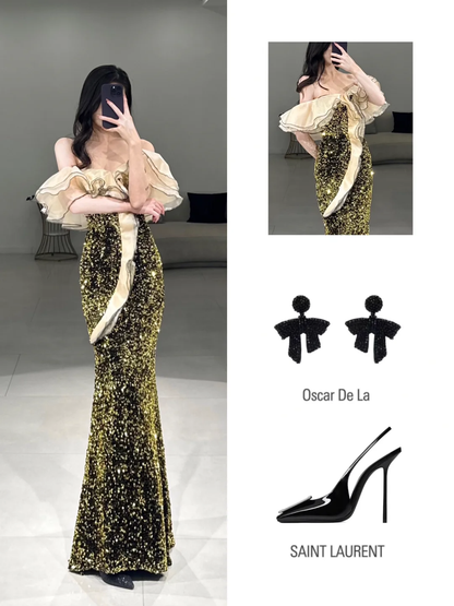 Robe de bal élégante sirène à épaules dénudées et manches mi-longues, longueur au sol, inspiration robe de bal longue à paillettes vertes A106
