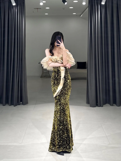 Robe de bal élégante sirène à épaules dénudées et manches mi-longues, longueur au sol, inspiration robe de bal longue à paillettes vertes A106