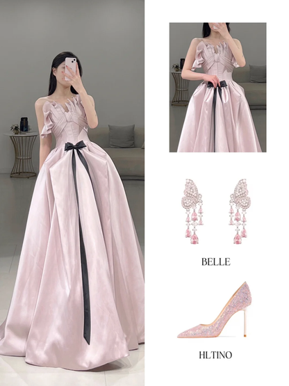 Elegant A Line Strapless Pink Satin Floor Length Prom Dress Inspiration Long Prom Dresses A108