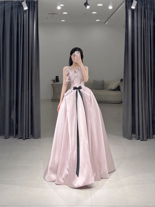 Elegant A Line Strapless Pink Satin Floor Length Prom Dress Inspiration Long Prom Dresses A108