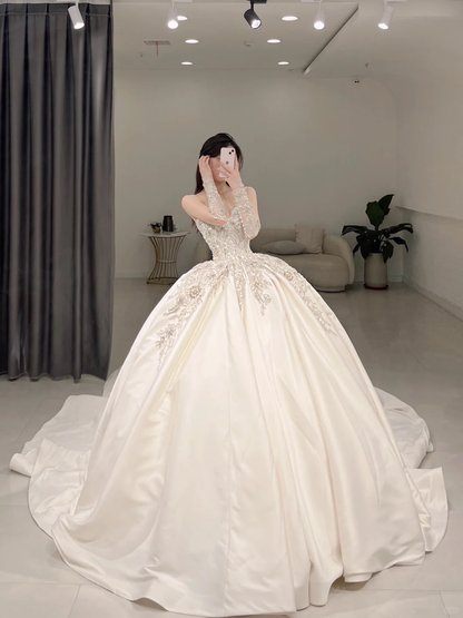 Robe de mariée longue en satin, élégante, décolleté en cœur, sans manches, jolie robe de mariée formelle, A109