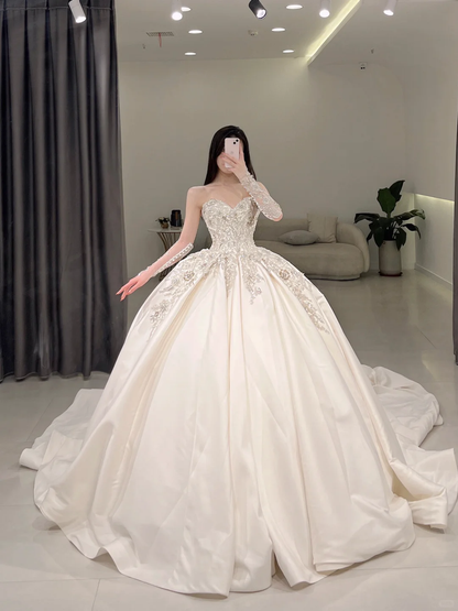 Robe de mariée longue en satin, élégante, décolleté en cœur, sans manches, jolie robe de mariée formelle, A109