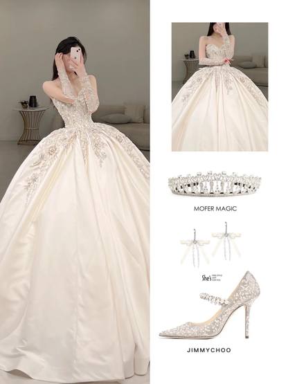 Robe de mariée longue en satin, élégante, décolleté en cœur, sans manches, jolie robe de mariée formelle, A109