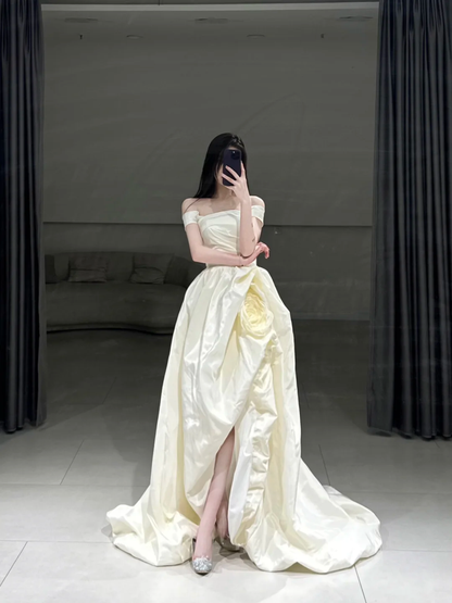 Timeless High Low Off The Shoulder Satin Short Sleeves Wedding Dress Beautiful Formal Cute Wedding Dresses A110