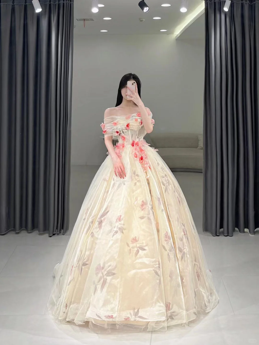 Sweet Ball Gown Off The Shoulder Floral Tulle Long Quinceanera Dress Gorgeous Quinceanera Dresses Sweet 15 16 Dress A111