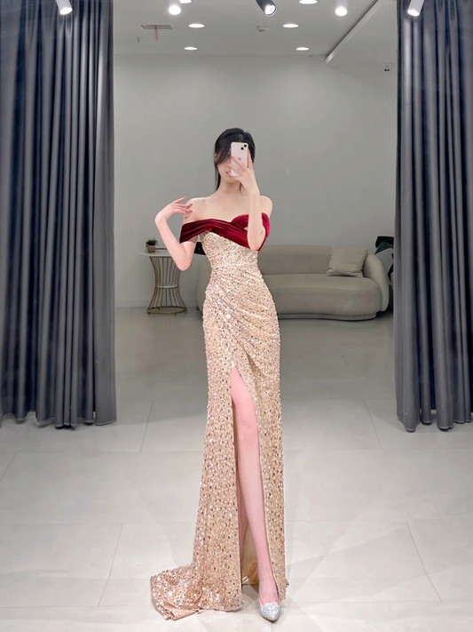 Elegant Mermaid Off The Shoulder Slit Sequin Long Floor Length Prom Dress Inspiration Long Prom Dresses A113