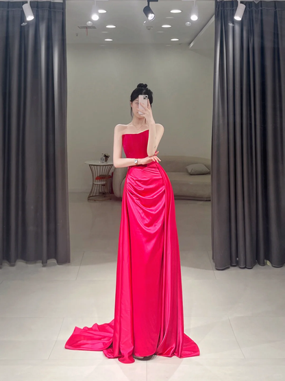 Elegantes Etuikleid, trägerlos, pink, Satin, bodenlang, Ballkleid, Inspiration, lange Ballkleider, A115