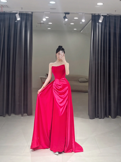 Elegantes Etuikleid, trägerlos, pink, Satin, bodenlang, Ballkleid, Inspiration, lange Ballkleider, A115