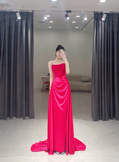 Elegantes Etuikleid, trägerlos, pink, Satin, bodenlang, Ballkleid, Inspiration, lange Ballkleider, A115