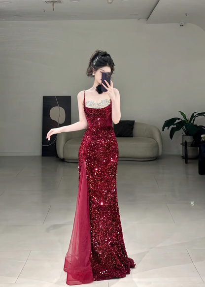 Elegant Mermaid Spaghetti Straps Black Sequin Long Floor Length Prom Dress Inspiration Long Prom Dresses A117