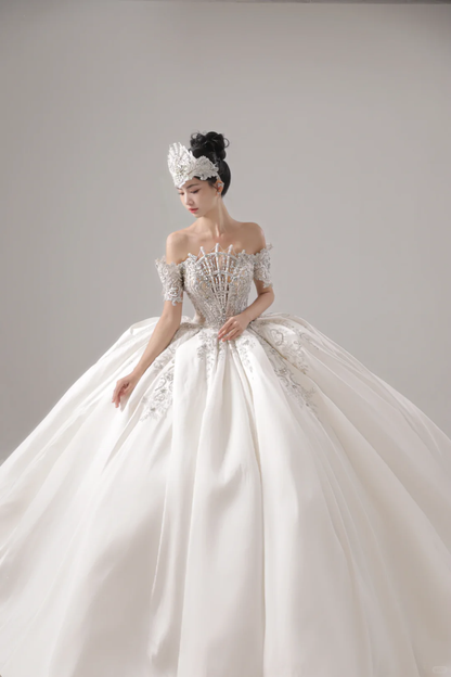 Elegant Ball Gown Off The Shoulder Satin Short Sleeves Long Wedding Dress Beautiful Formal Cute Wedding Dresses A120