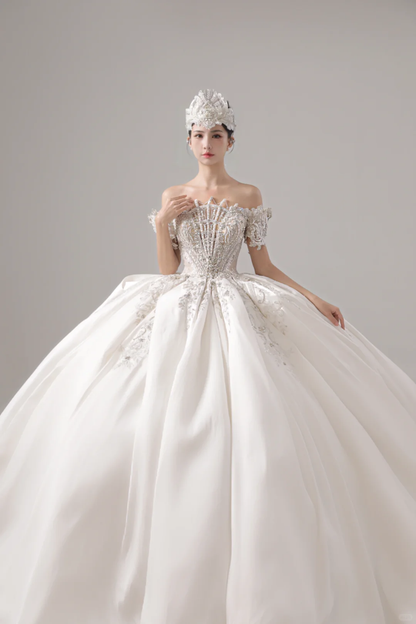 Elegant Ball Gown Off The Shoulder Satin Short Sleeves Long Wedding Dress Beautiful Formal Cute Wedding Dresses A120