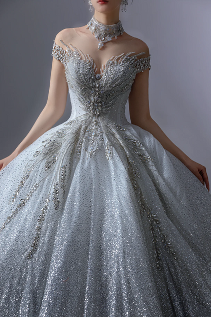 Verträumtes Ballkleid aus der Schulter Silber Pailletten langes Brautkleid schöne formale süße Brautkleider A123