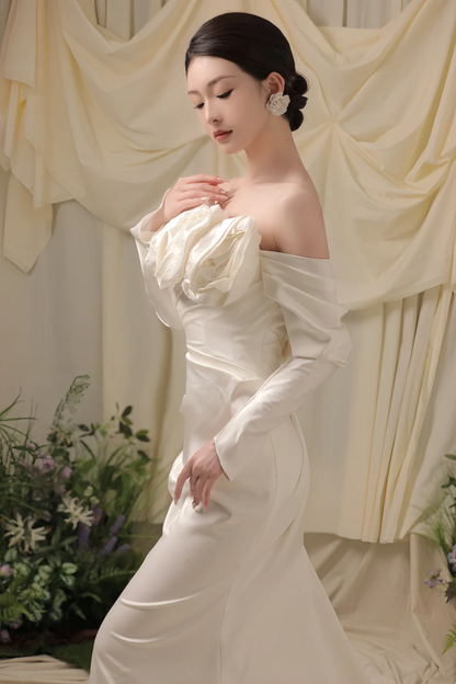 Elegant Mermaid Off The Shoulder Satin White Long Wedding Dress Beautiful Formal Cute Wedding Dresses A124