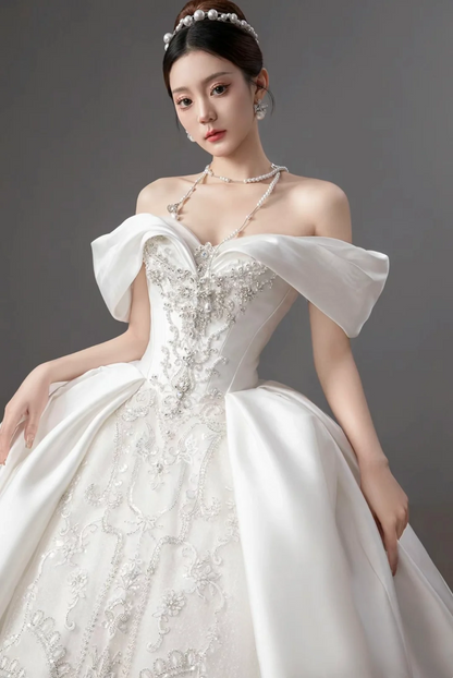 Dreamy Ball Gown Off The Shoulder Satin White Long Wedding Dress Beautiful Formal Cute Wedding Dresses A125