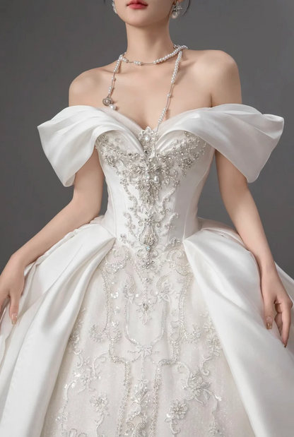 Dreamy Ball Gown Off The Shoulder Satin White Long Wedding Dress Beautiful Formal Cute Wedding Dresses A125