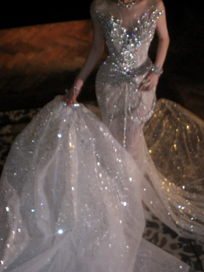 Robe de mariée sirène luxueuse à col rond ornée de perles, cristaux et sequins argentés, coupe ajustée, référence N075