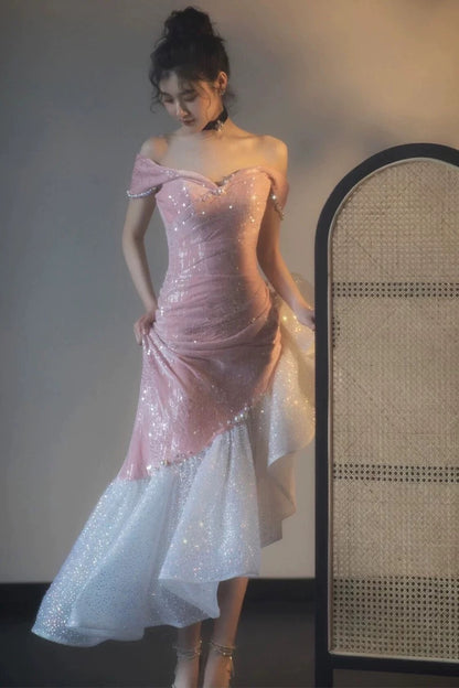 Élégante Robe de Soirée Formelle Sirène Rose Épaules Dénudées Manches Courtes Paillettes Anniversaire Bal de Promo N2816