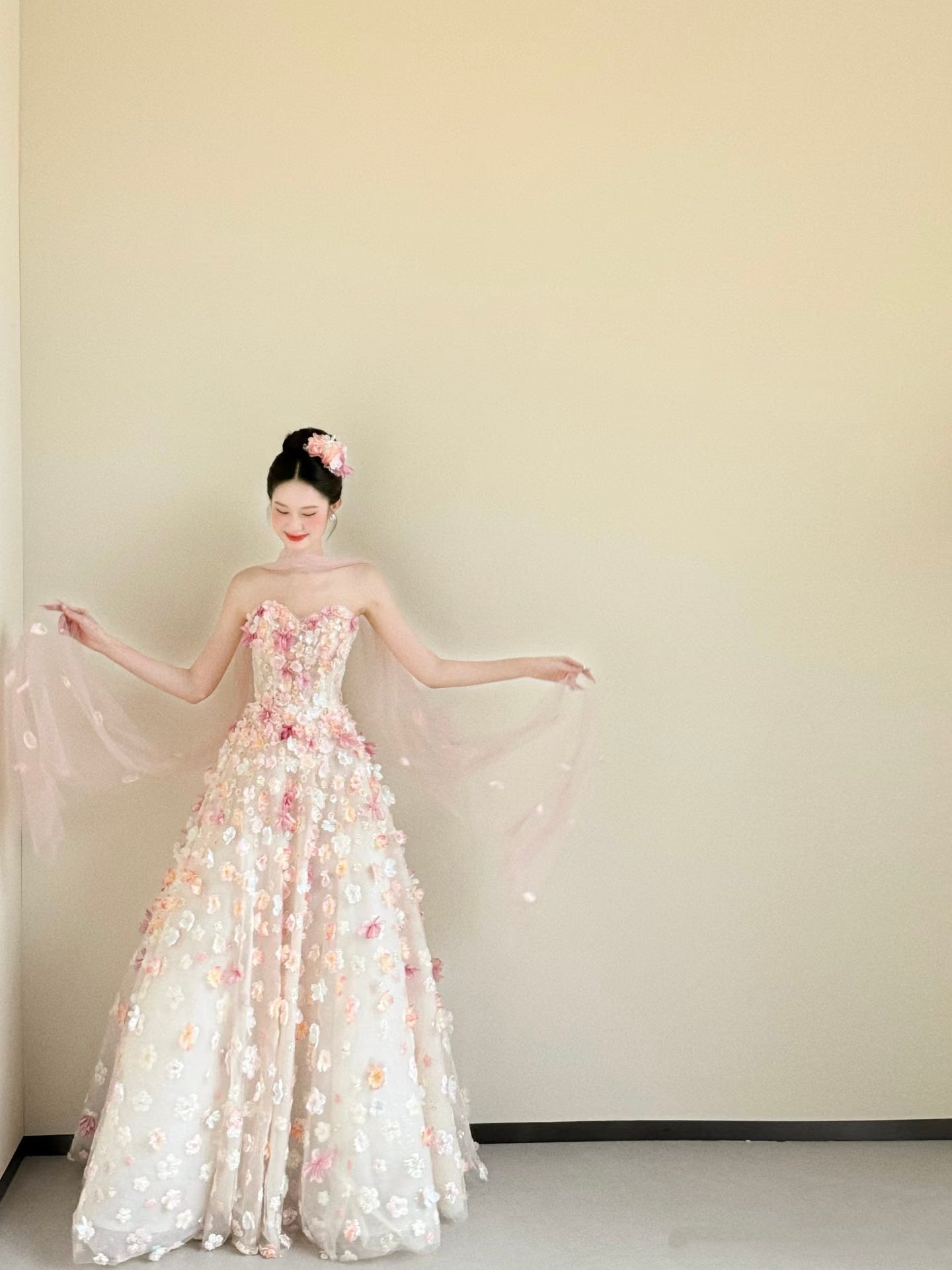 Cute Ball Gown Sweetheart Pink Flowers Long Tulle Quinceanera Dress Sweet 15 16 Dresses RA085