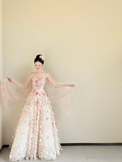 Cute Ball Gown Sweetheart Pink Flowers Long Tulle Quinceanera Dress Sweet 15 16 Dresses RA085