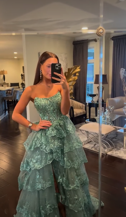 Bescheidenes Ballkleid, trägerlos, hellgrün, ärmellos, edles Ballkleid, Inspiration, Partykleid, Prinzessinnen-Abschlusskleid B648