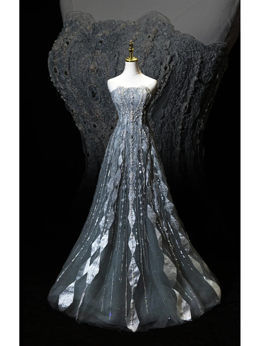 Vintage Ball Gown Strapless Gray Silver Lace Sequin Tulle Prom Dresses For Teens Formal Dress Party Outfits Prom Gowns AB1003