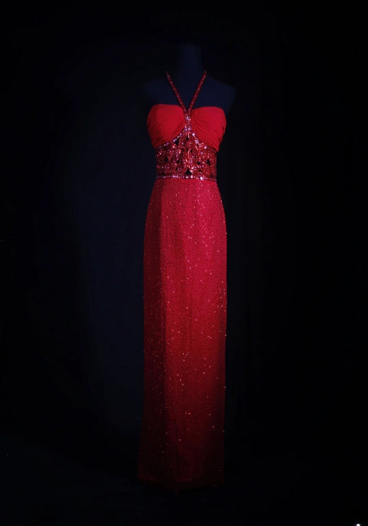 Vintage Etuikleid mit Neckholder aus den 1950er Jahren, rot, paillettenbesetzt, Abendkleid für Damen, langes formelles Ballkleid, Kleid zum 20. Geburtstag AA255
