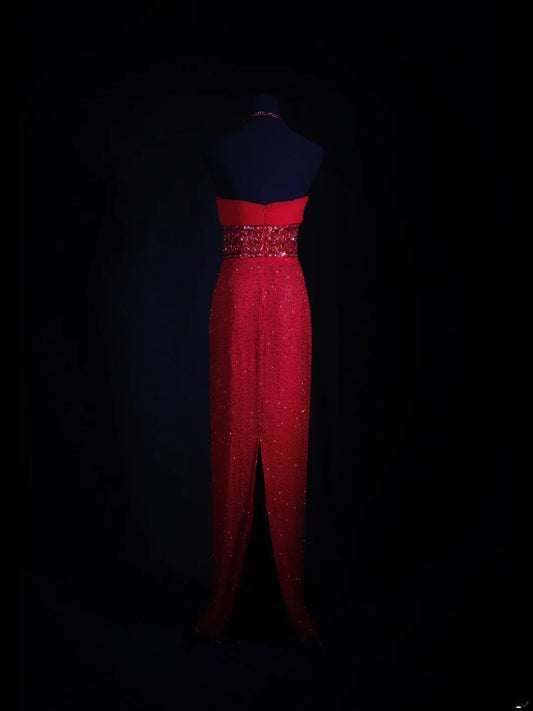 Vintage Etuikleid mit Neckholder aus den 1950er Jahren, rot, paillettenbesetzt, Abendkleid für Damen, langes formelles Ballkleid, Kleid zum 20. Geburtstag AA255