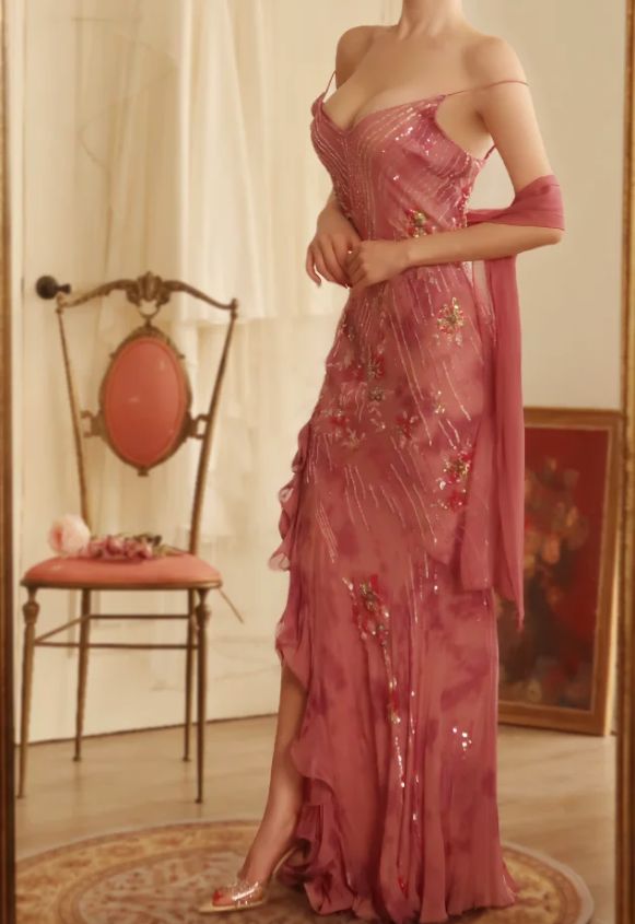 Robe de bal longue rose vintage à bretelles spaghetti style sirène, inspiration robe de soirée, robe de bal AB076