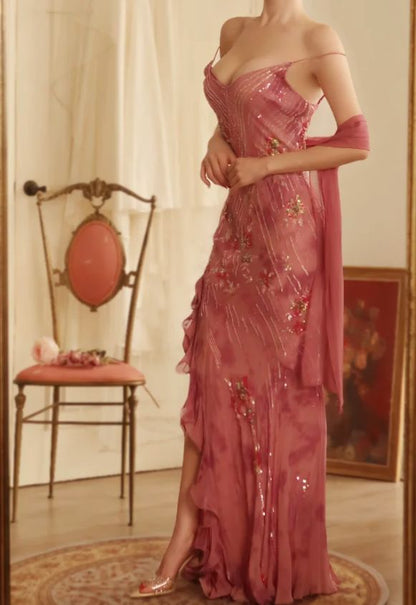 Robe de bal longue rose vintage à bretelles spaghetti style sirène, inspiration robe de soirée, robe de bal AB076