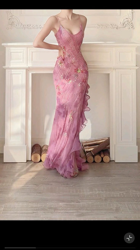 Robe de bal longue rose vintage à bretelles spaghetti style sirène, inspiration robe de soirée, robe de bal AB076