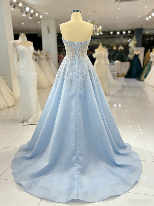 Elegantes, hellblaues, paillettenbesetztes A-Linien-Abendkleid mit Herzausschnitt für Teenager, festliches Kleid, Party-Outfit, Ballkleid AB1081